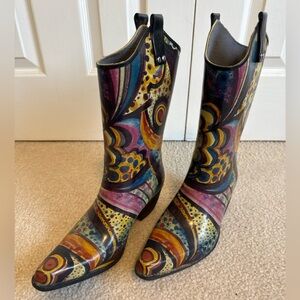 NOMAD Yippee rubber square to cowboy rain boots in “turquoise Monet”. 9